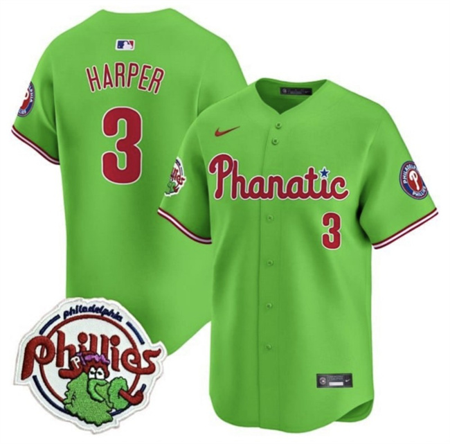 Men's Philadelphia Phillies #3 Bryce Harper Green With Patch Stitched Jersey